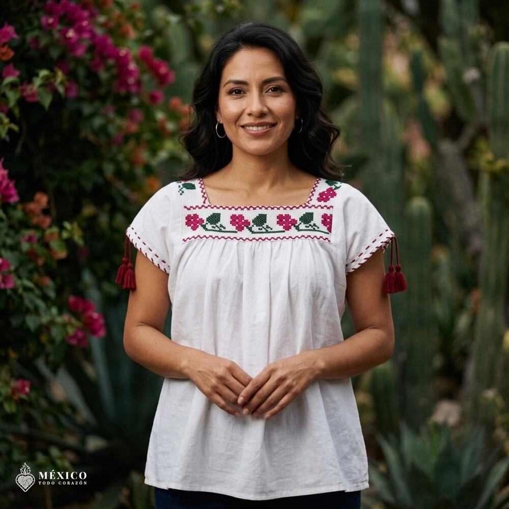 Girls Mexican Embroidered Blouse – Traditional Floral Folk Top with Pom Poms
